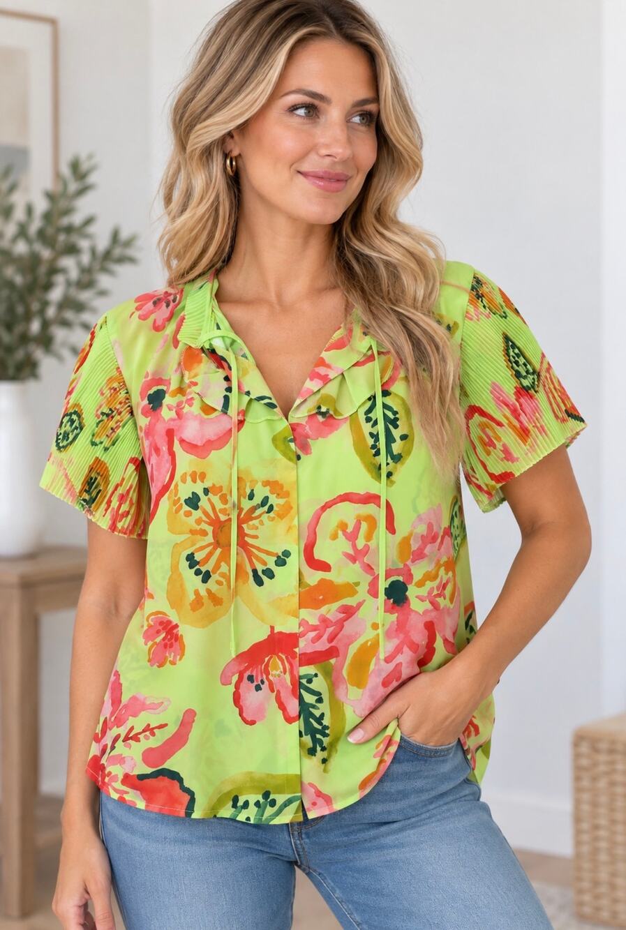 Nicole Miller Tropical Watercolor Floral Blouse Small Pleated Sleeve NWT boho